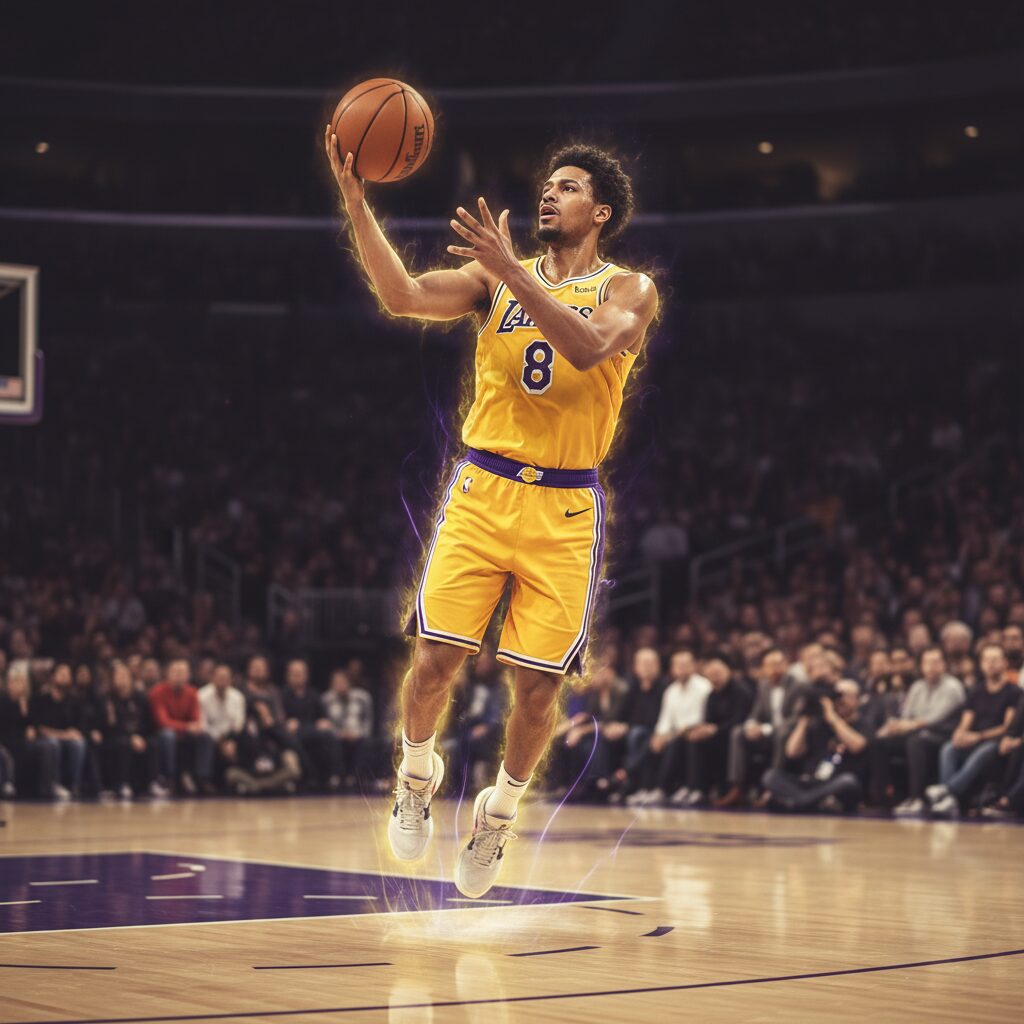 ロサンゼルス・レイカーズのユニフォームを着たバスケットボール選手がシュートを放つ躍動的なシーン