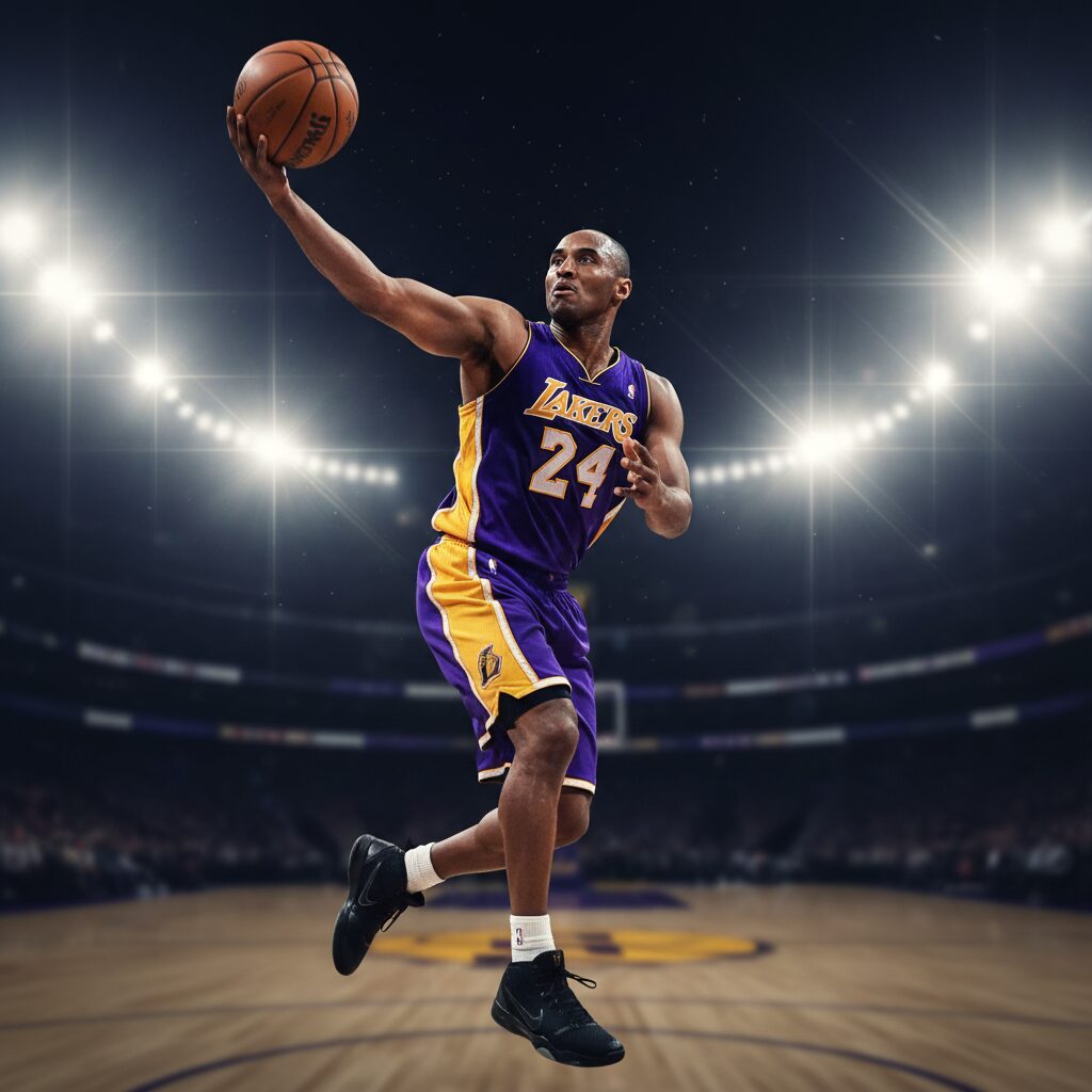 ロサンゼルス・レイカーズのユニフォームを着たオースティン・リーブス選手が、シュートまたはパスのためにジャンプしている躍動感ある姿。背景にはバスケットボールコートとアリーナの照明がぼやけて写っている。