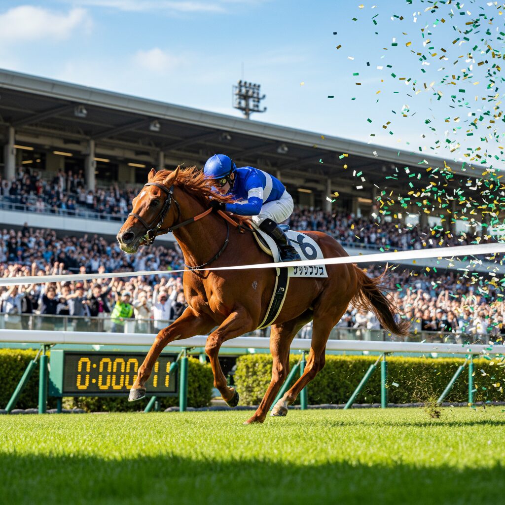 京都2歳ステークスで劇的な差し切り勝ちを見せるジャスティンビスタと北村友一騎手