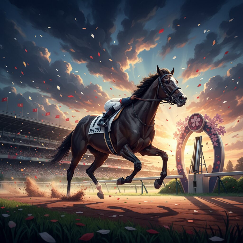 9番人気ジャスティンビスタが京都2歳ステークスで差し切り勝ちを収め、ゴール板を駆け抜ける瞬間。