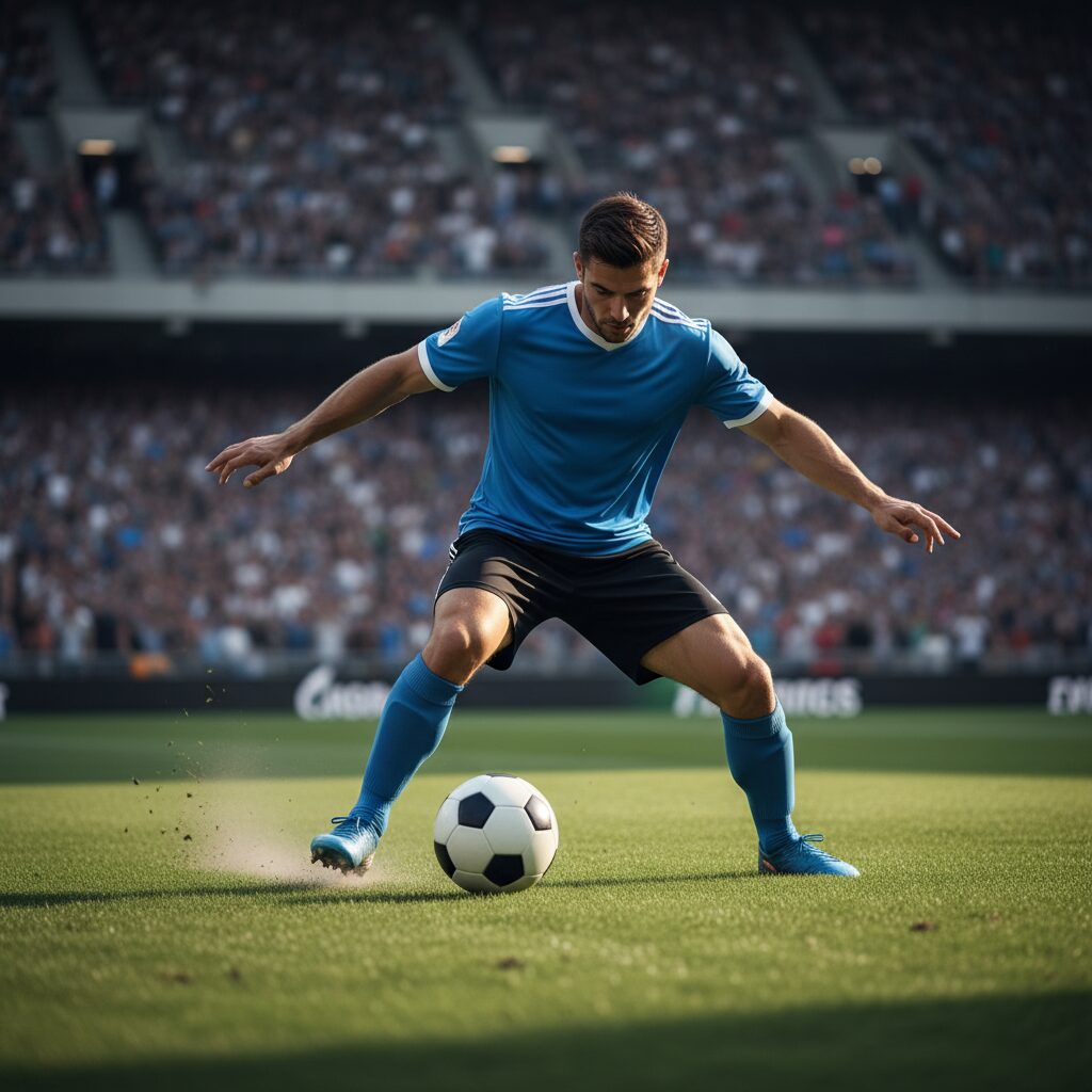 小柄なサッカー選手が鮮やかな緑のピッチでボールを巧みにドリブルしているダイナミックなアクションショット。選手は驚くべき敏捷性とスピードを示しています。