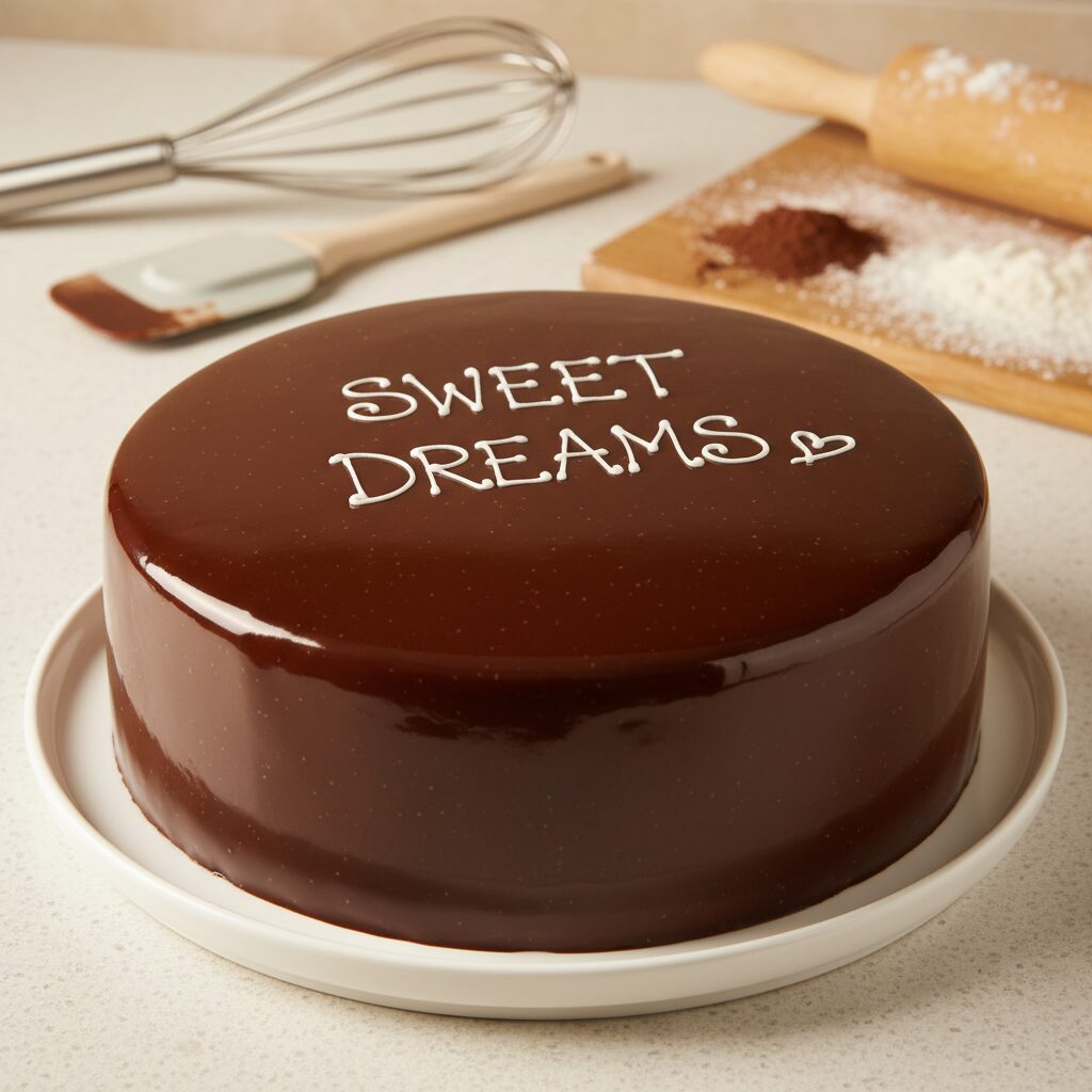 艶やかなグラッサージュショコラでコーティングされたチョコレートケーキ