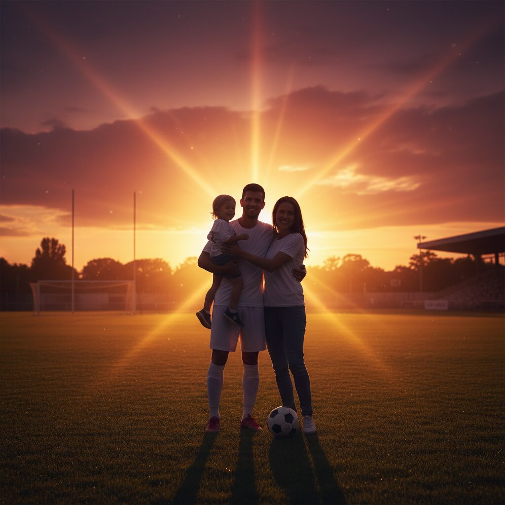サッカー選手翁長聖選手と妻、子供が夕焼けのピッチで手をつなぎ、家族の温かさを表現するイラスト