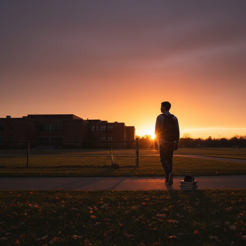 募集停止が決定した東大阪大学柏原高校の校舎と生徒のシルエット、夕焼け空に野球の要素が描かれた象徴的なイラスト