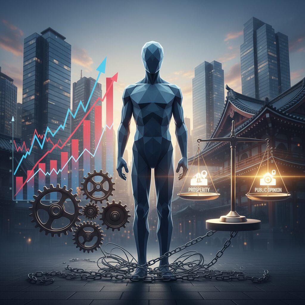 政府閣僚が政策課題と世論に直面している様子の象徴的なイラスト