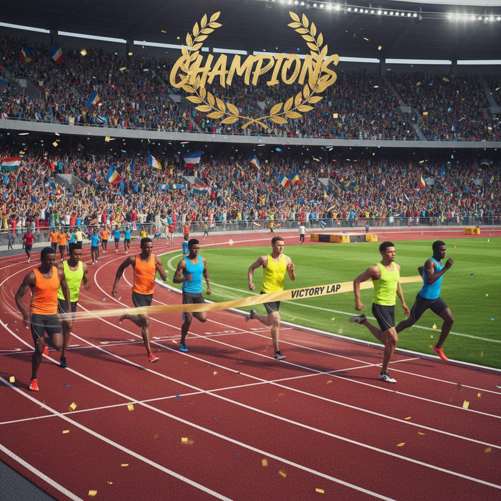 陸上競技場で選手たちが熱戦を繰り広げ、観客が声援を送る様子。増田明美さんの解説が聞こえてくるような躍動感あるイメージ。