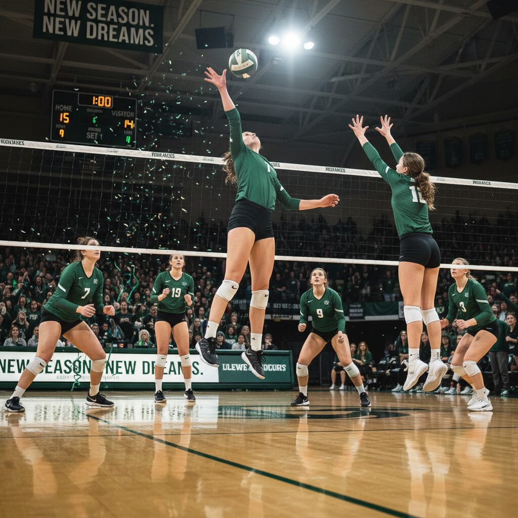 東京ヴェルディバレーボールチームの選手たちがコートで力強くプレーする様子。背景には熱狂的なファンが映る。