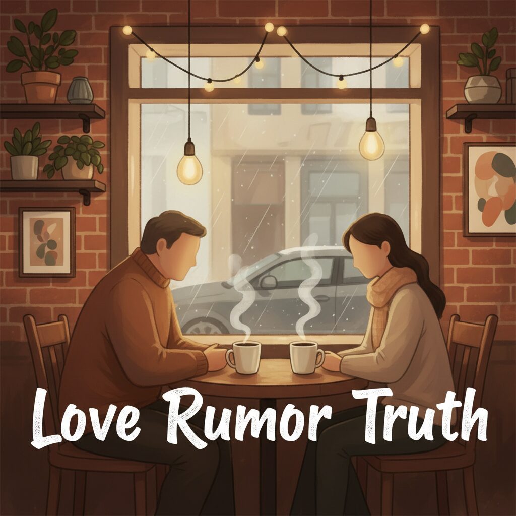 カフェで会話する二人の人物のイラスト、岩田絵里奈アナと大沢たかおさんの熱愛報道をイメージ