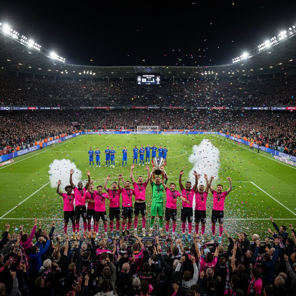 インテルマイアミの選手たちがMLSカップ決勝進出を祝うスタジアムでの様子。観客が歓声を上げ、選手たちは喜びに満ちた表情を見せている。