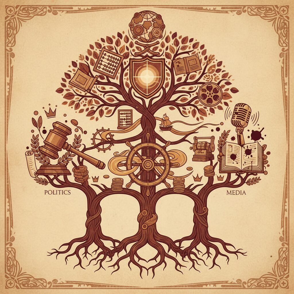 政治家、実業家、アナウンサーの系譜を示す概念的な家系図のイラスト