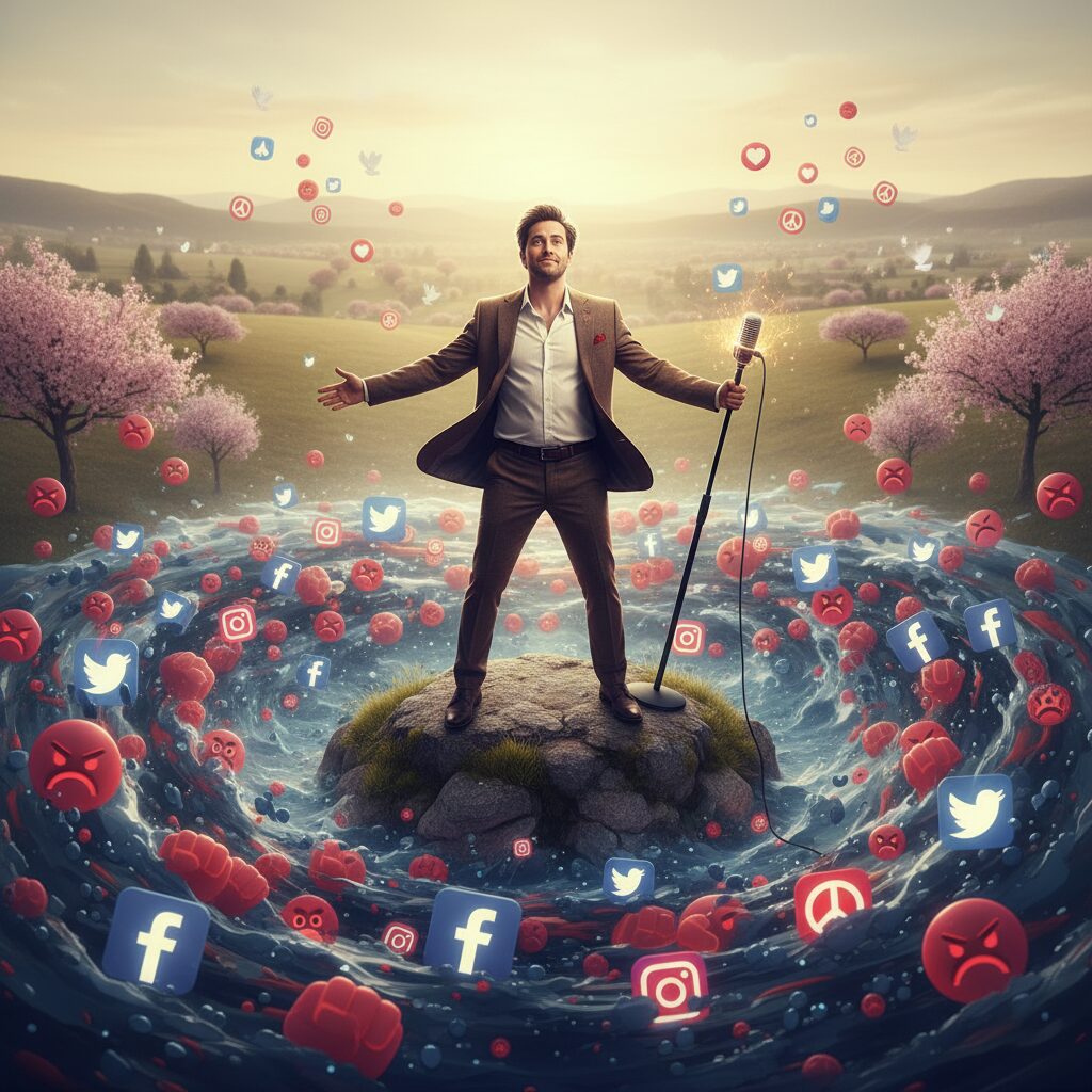 炎上するSNSのアイコンと渦巻く絵文字に囲まれたドランクドラゴン鈴木拓さん。