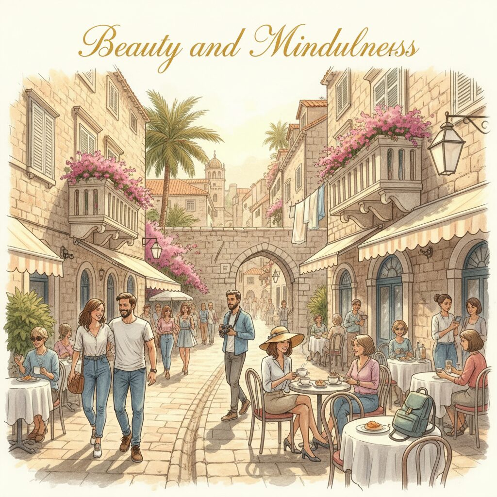 クロアチアのドブロブニクの美しい街並みと、旅行者の安全意識を象徴するイメージ