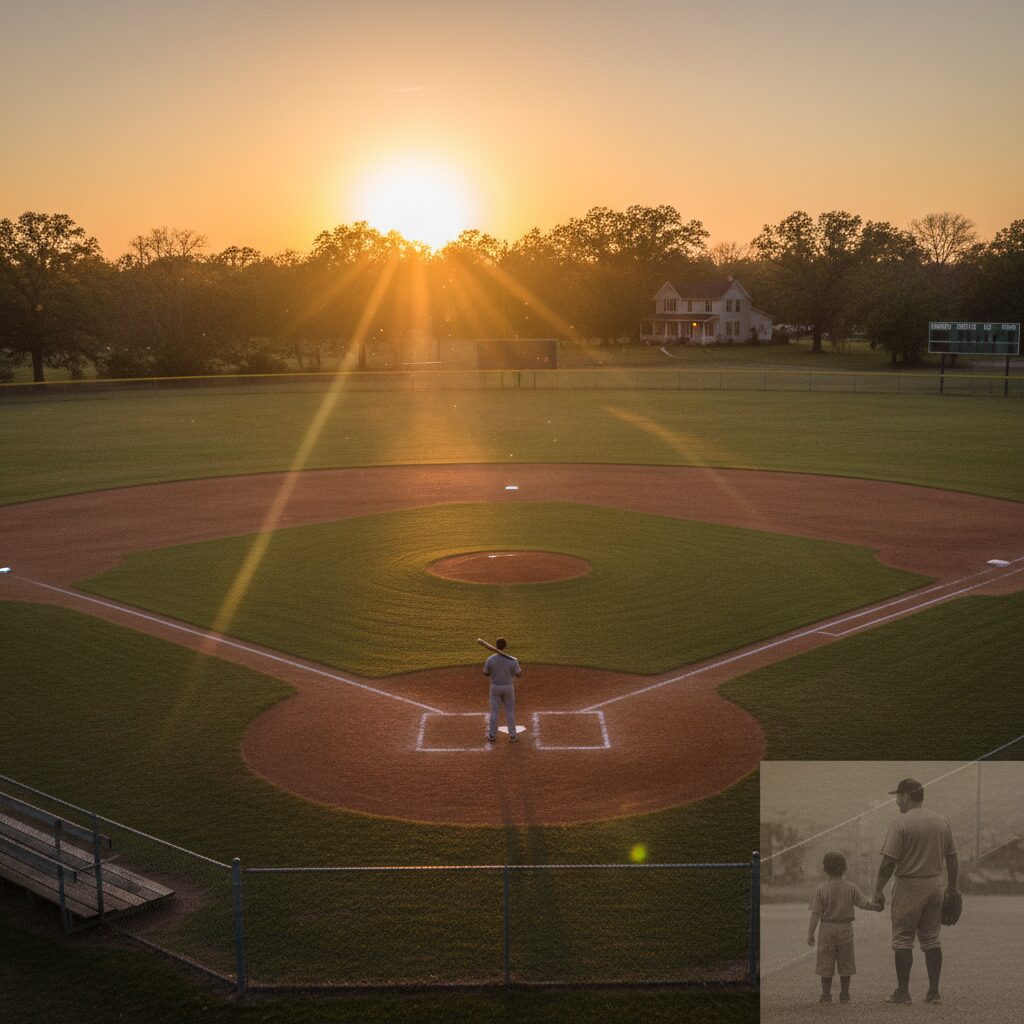 夕暮れの野球場で一人立つ選手のシルエット