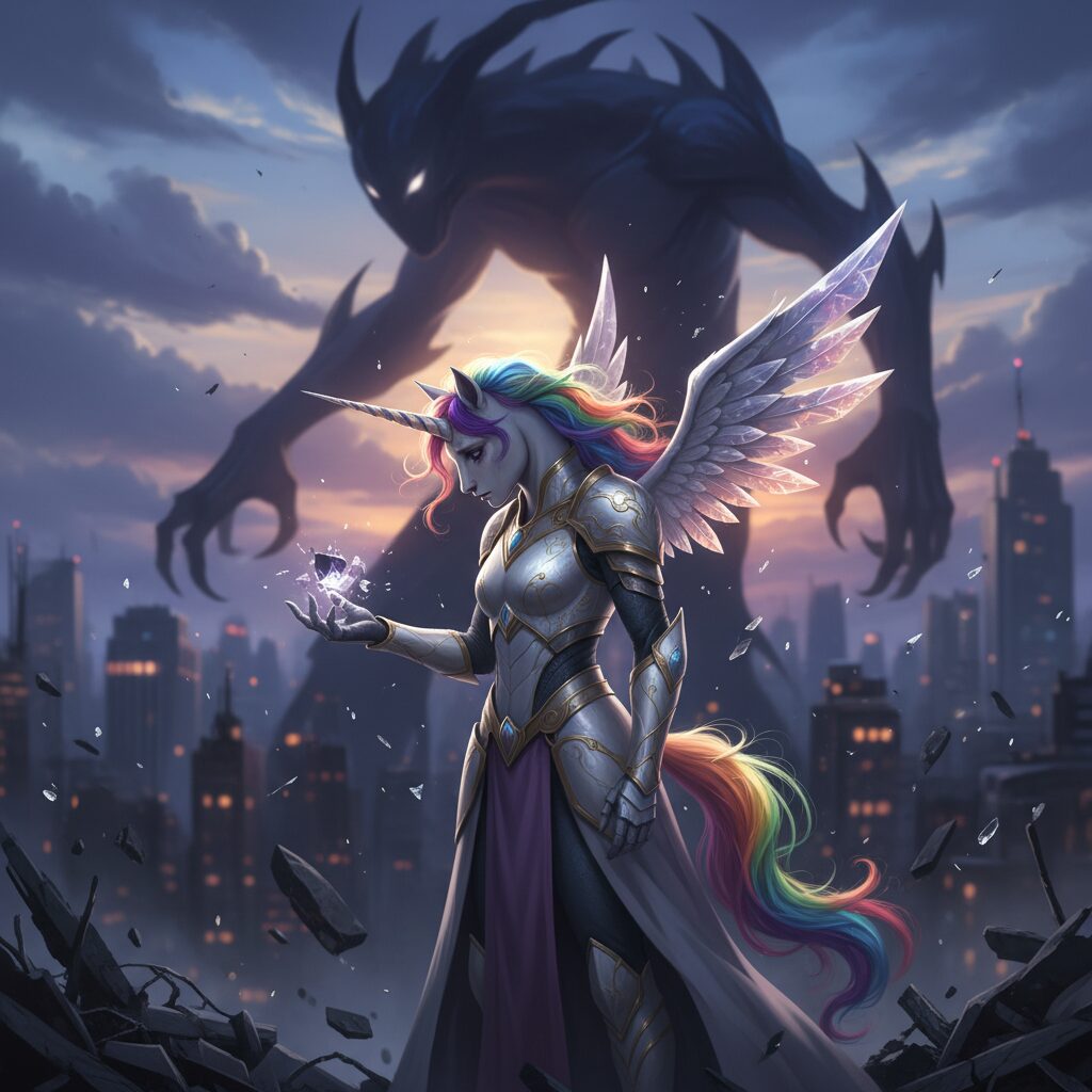 暗い影が差すゴジュウユニコーンの姿と、混乱する背景のイメージ