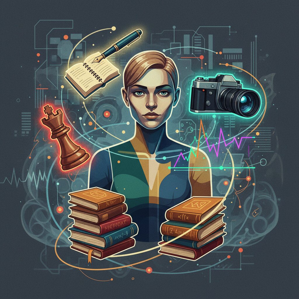 ジャーナリスト、写真家、FXトレーダー、大学教員、ボードゲームクリエイターの象徴が融合したイメージ