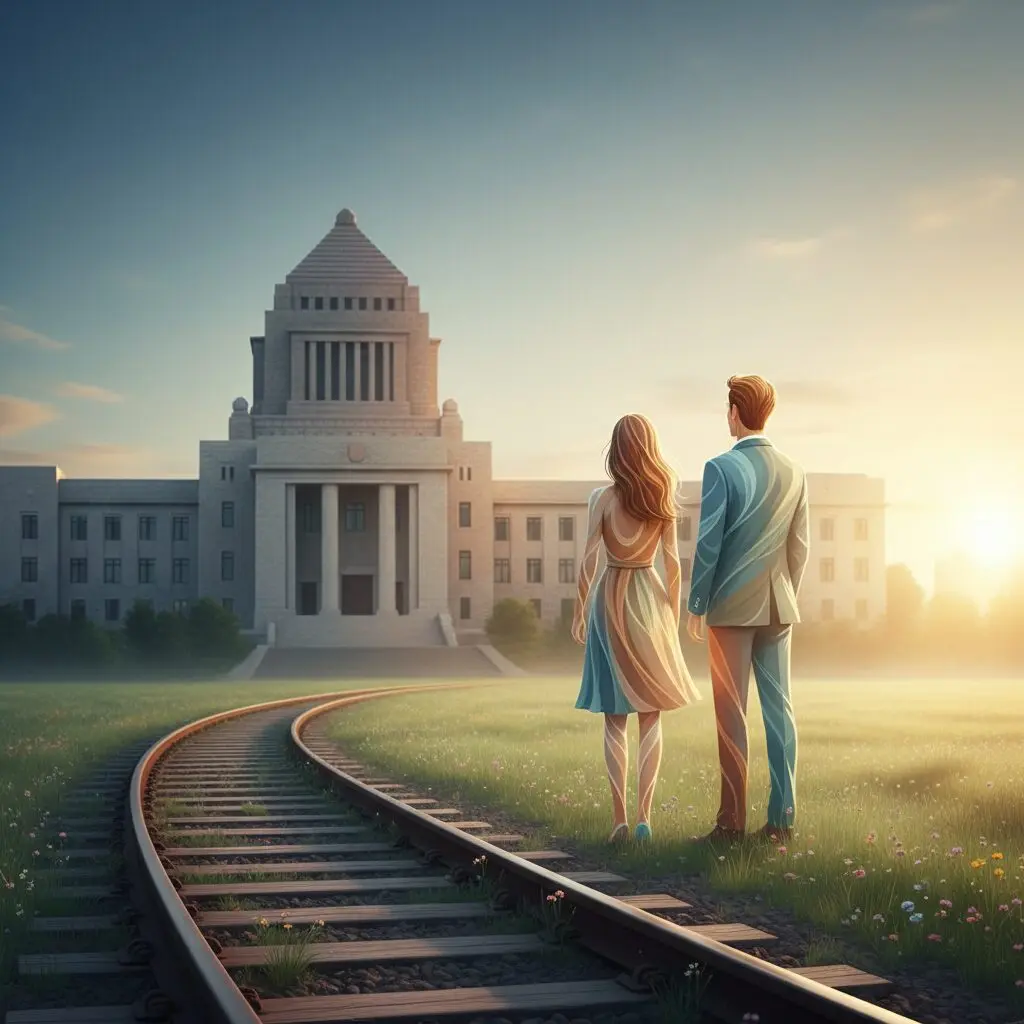国会議事堂と鉄道の風景、夫婦のシルエットが描かれた希望に満ちたイメージ