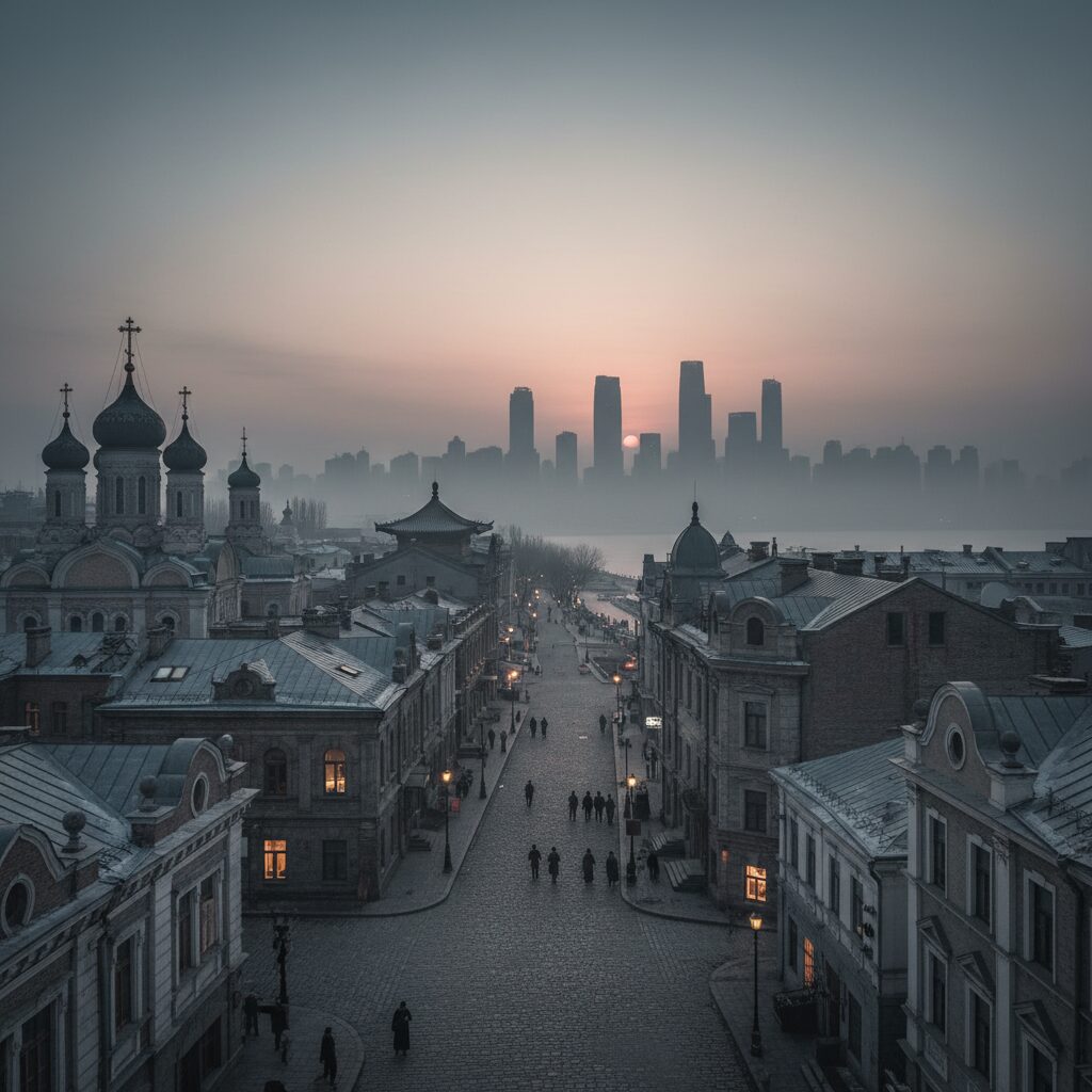 歴史的建造物が並ぶハルビンの街並み。複雑な感情が入り混じる雰囲気が漂う。