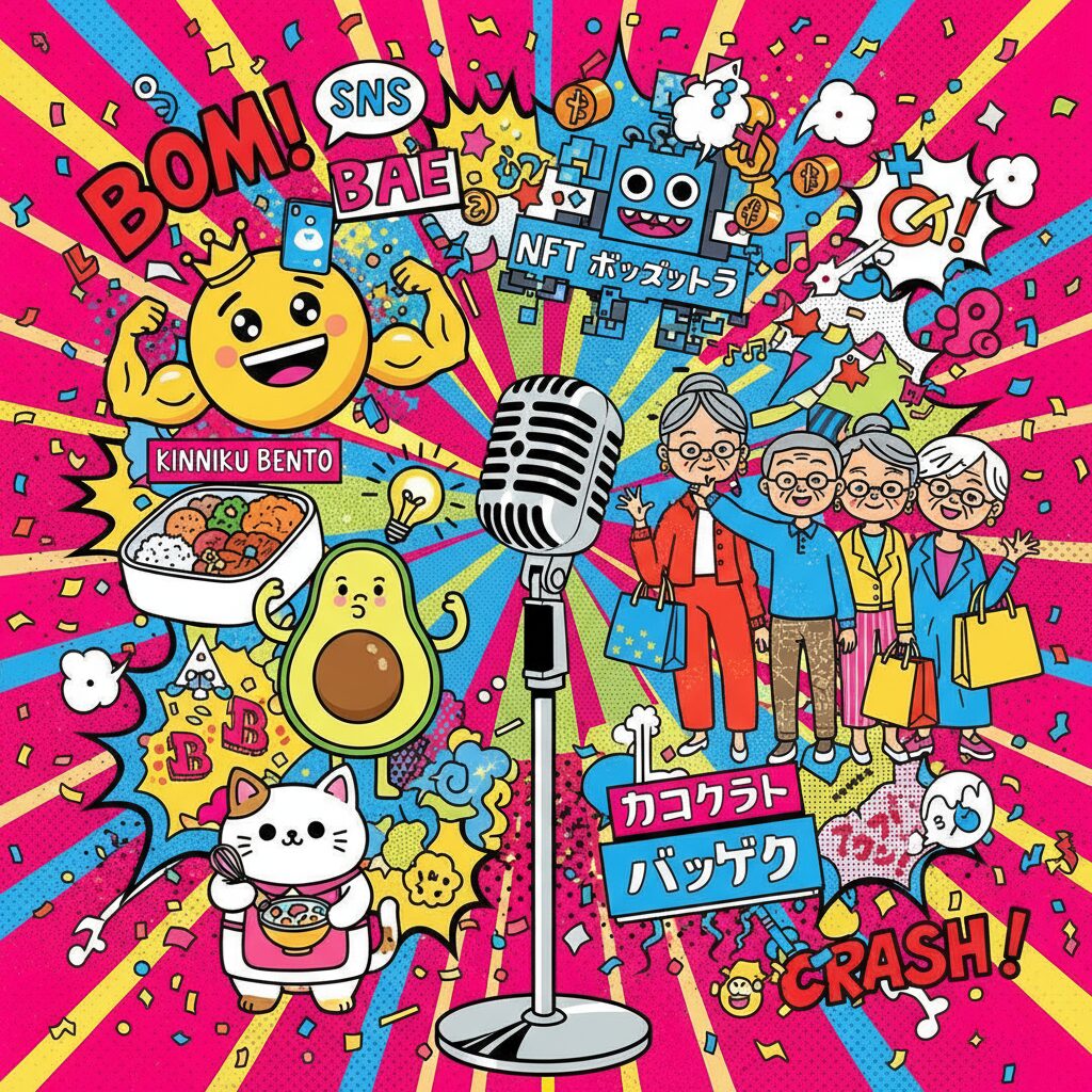 ゴールデンボンバーの「女々しくて」流行語バージョンをテーマにした、ユーモラスなステージと流行語の要素が描かれたイラスト