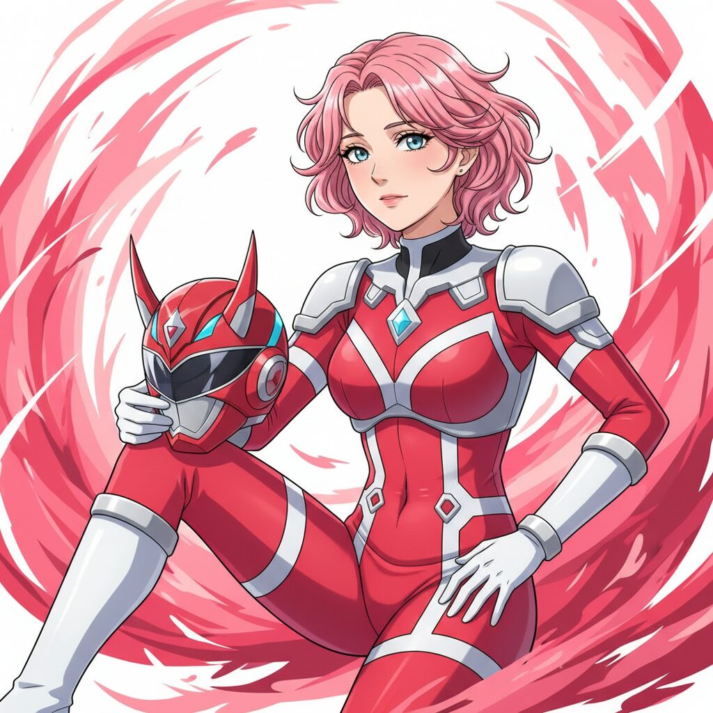 オニシスターがマスクを外した姿を描いたファンアート。鮮やかな赤とピンクの背景に、力強さと繊細さが共存するヒロインの表情が描かれている。