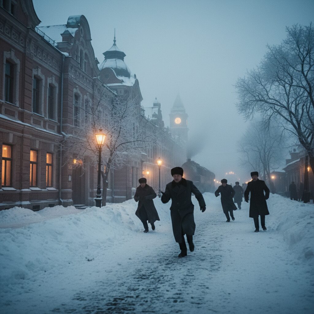 1900年代初頭のハルビンを舞台にした、韓国映画「ハルビン」の緊迫感あふれるシーン。歴史的建造物と雪景色の中、登場人物が対峙する様子。