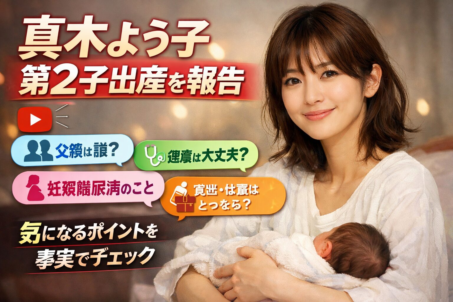 真木よう子さんが第2子出産を報告したニュースを伝えるアイキャッチ画像。赤ちゃんを抱く真木よう子さんの写真に、「第2子出産を報告」「父親は誰？」「妊娠糖尿病は大丈夫？」などのテキストが配置されている。