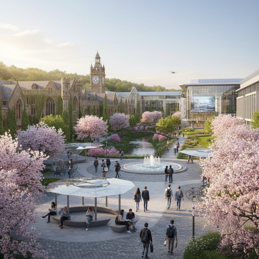 歴史ある建物と近代的な研究施設が共存する東京科学大学湯島・駿河台キャンパスの風景。学生が活発に交流し、桜が咲き誇る。