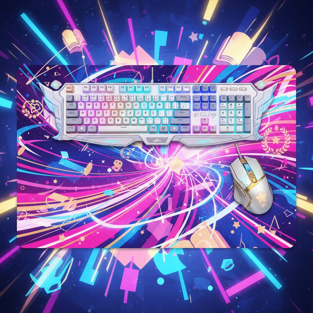 学園アイドルマスターとふもコレのコラボゲーミングデバイスとグッズの集合画像。