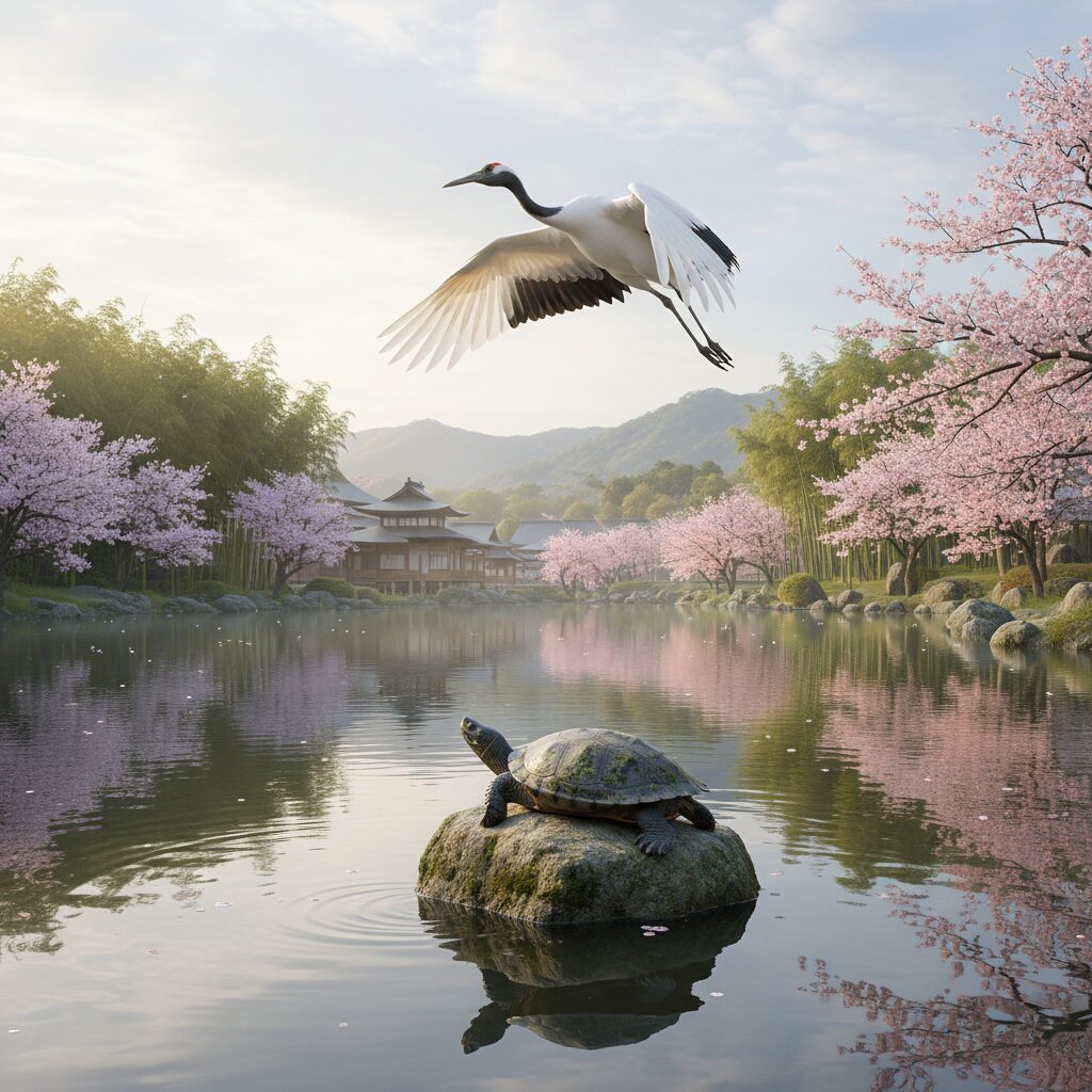 美しい鶴と長寿の亀が描かれた日本の伝統的な風景