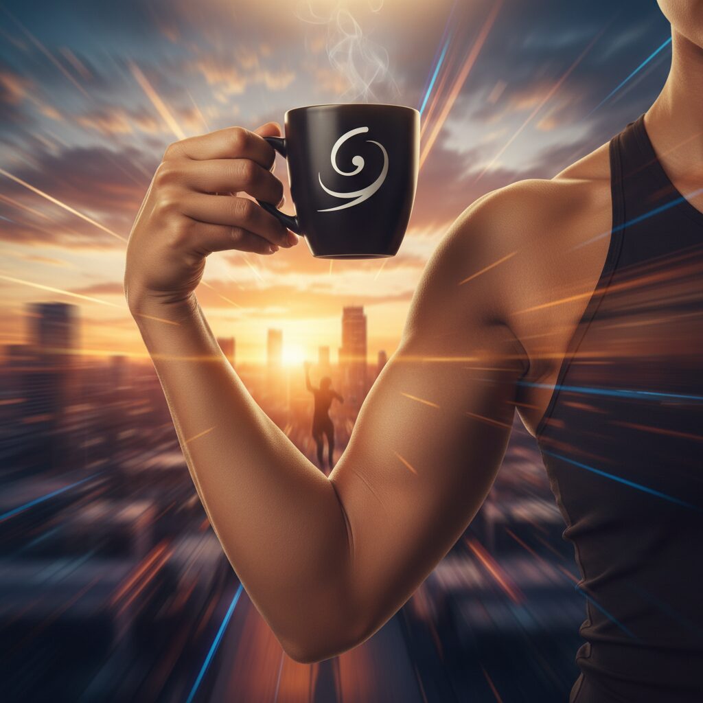 コーヒーカップを持つ女性の筋肉質な腕