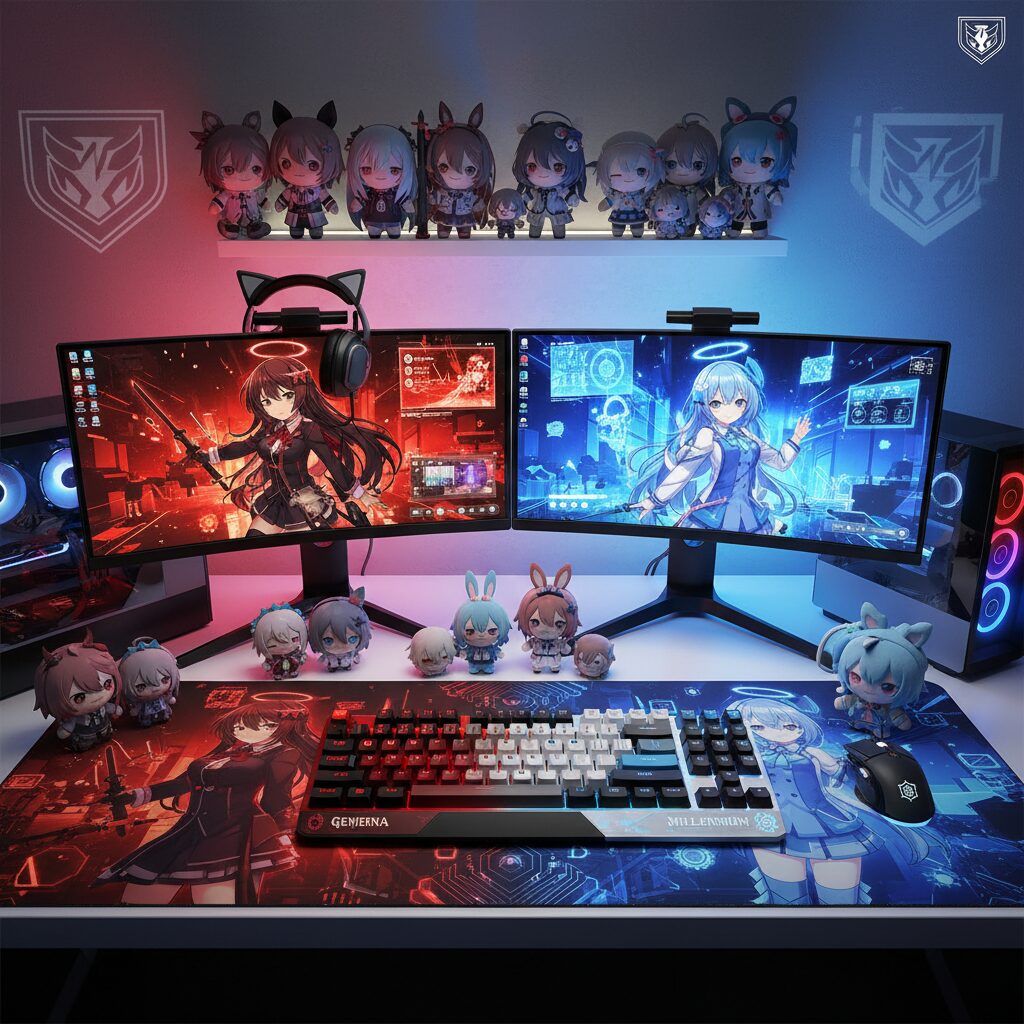 ふもコレとブルーアーカイブのコラボゲーミングキーボード、キーキャップ、マウスパッドが配置されたデスクの様子。ゲヘナ学園とミレニアムサイエンススクールのデザインが融合している。