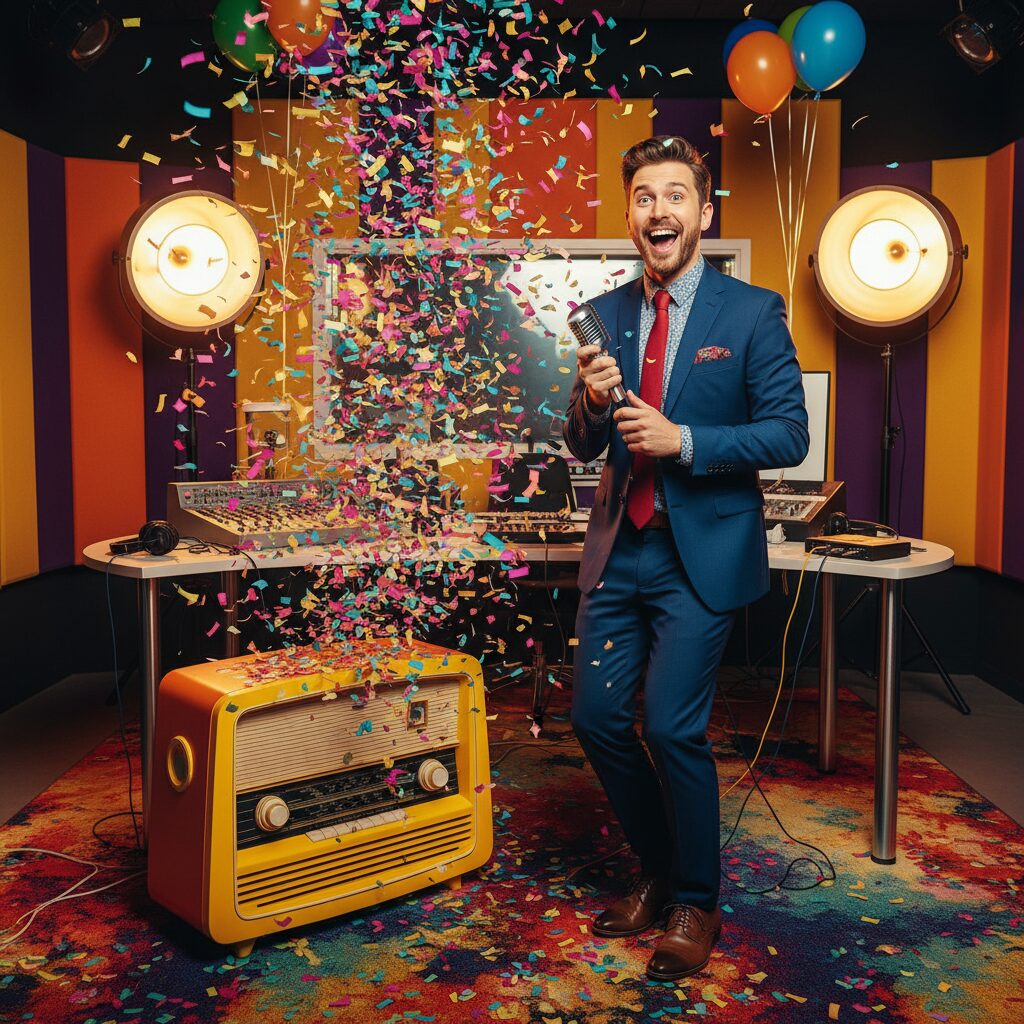 バッテリィズのエースがラジオ番組で結婚をサプライズ発表し、喜びに満ちた表情を見せる瞬間。