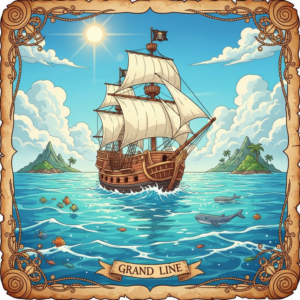 ワンピースの海を航行する海賊船と空のイラスト