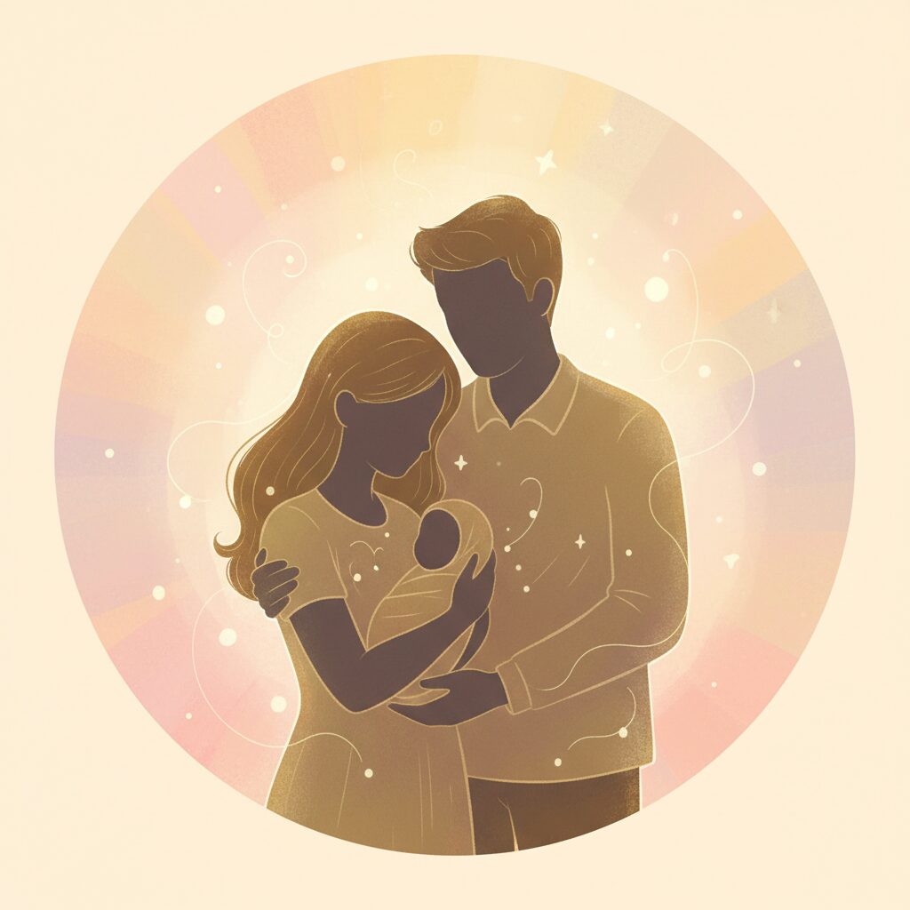 温かい光に包まれた家族のシルエット、大島優子さんと林遣都さんの結婚と出産を祝うイラスト