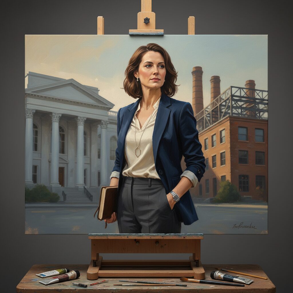 政治的な背景と産業遺産の要素を組み合わせた、知的な雰囲気の女性のイメージ
