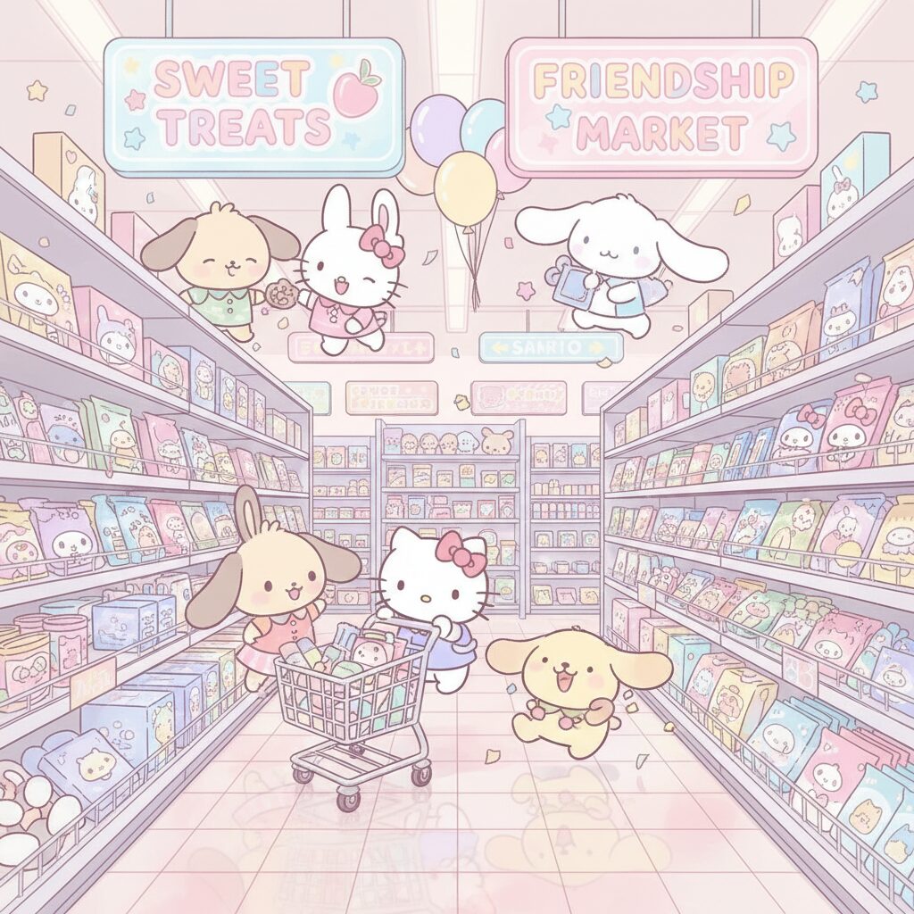 ちいかわとサンリオキャラクターたちがコラボグッズに囲まれ笑顔で集合しているイラスト