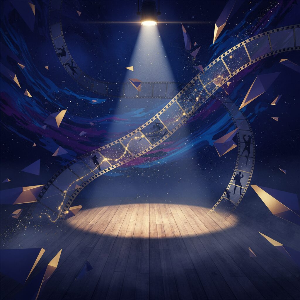 スポットライトが当たる舞台とフィルムリール、抽象的な演技の要素を組み合わせたアートワーク