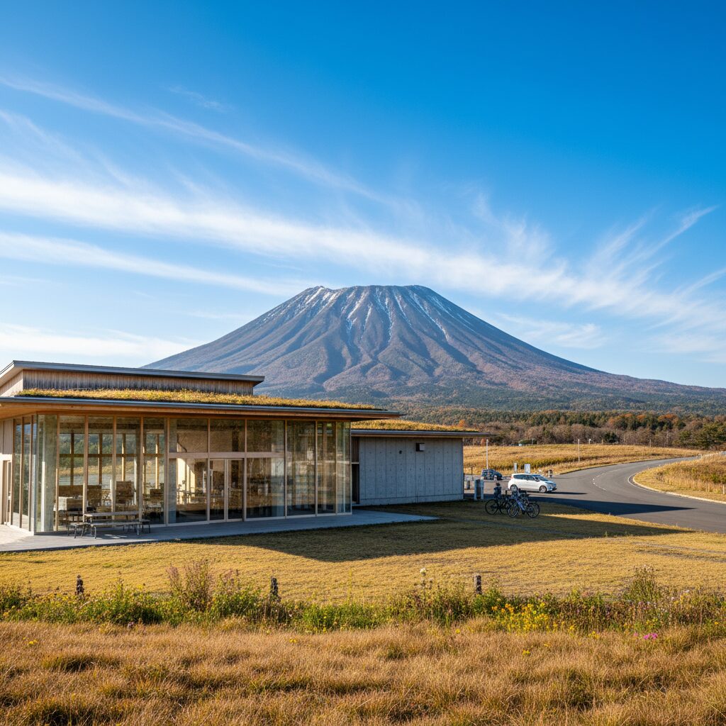 雄大な磐梯山を望む磐梯山サービスエリアの外観と周辺の風景