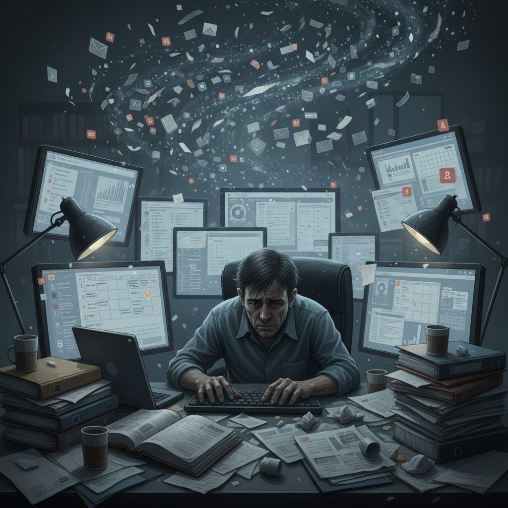 デスクで疲れた様子の人が書類とスクリーンに囲まれているイラスト