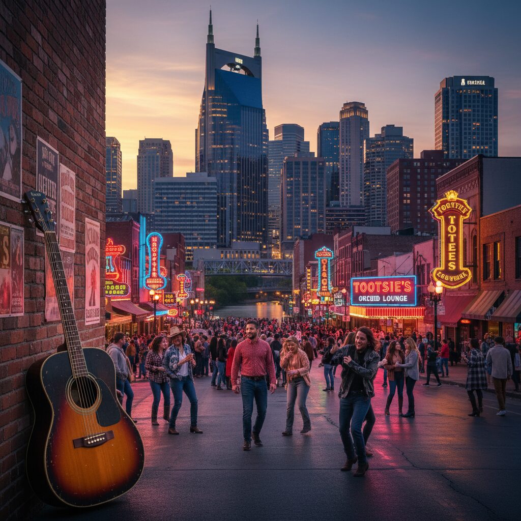 ネオン輝くブロードウェイの夜景とギターが配置されたナッシュビルのアイキャッチ画像