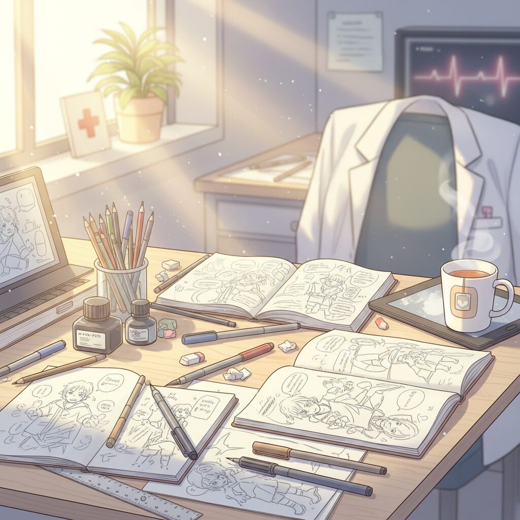 漫画家の作業机に差し込む光、回復を願うシンボリックなイラスト