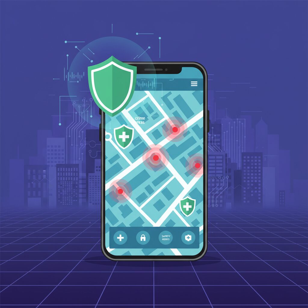 スマートフォンに表示されたデジポリスアプリの犯罪マップと安全アイコン