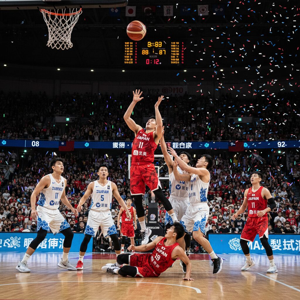 バスケットボール日本代表がチャイニーズ・タイペイ代表と対戦する試合の様子。選手たちの真剣な表情と躍動感が伝わる。