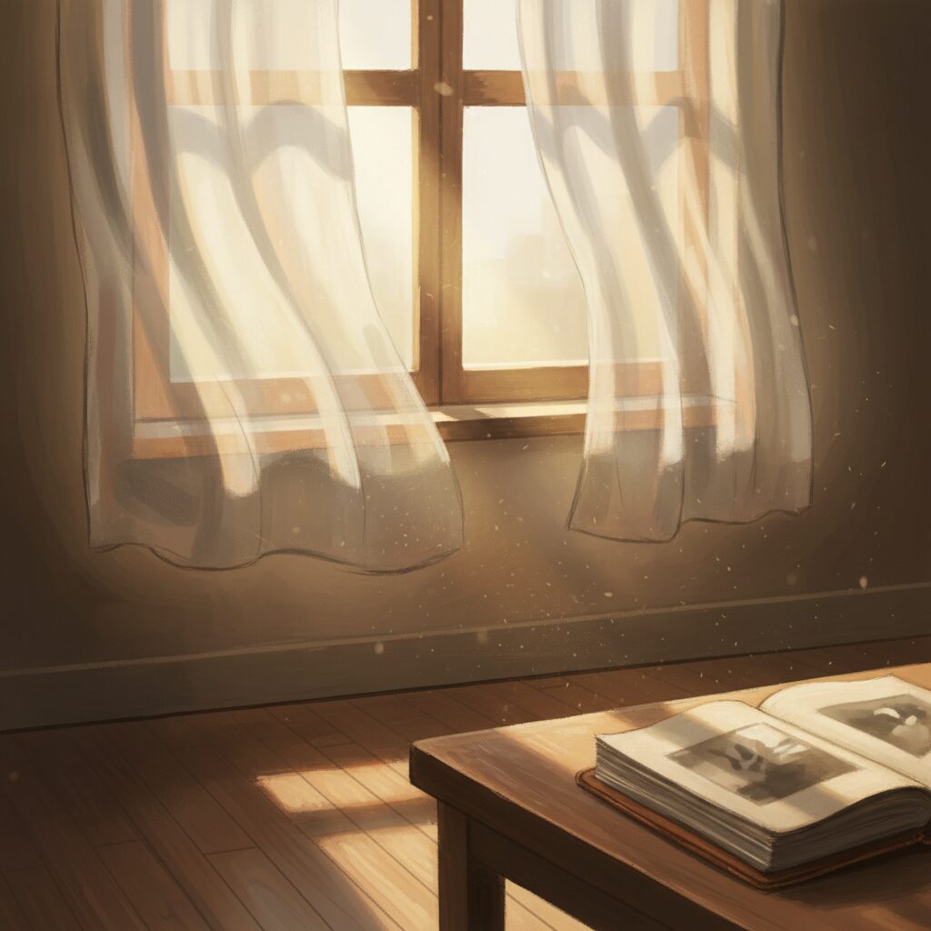 窓から光が差し込む部屋で開かれた写真集が置かれているイメージ