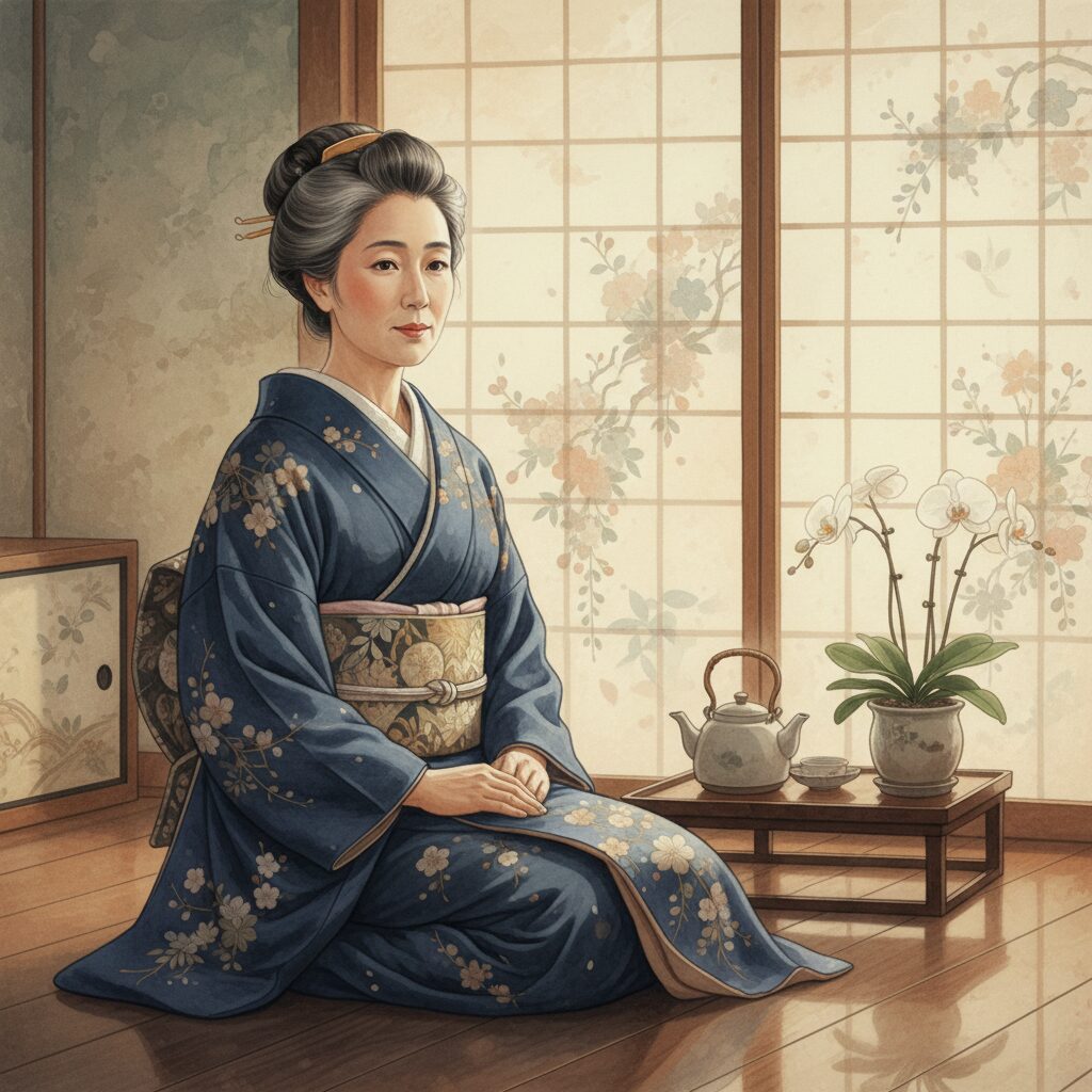 優雅で力強い日本の女性が伝統的な設定で描かれており、富司純子さんのキャリアと魅力を象徴しています。