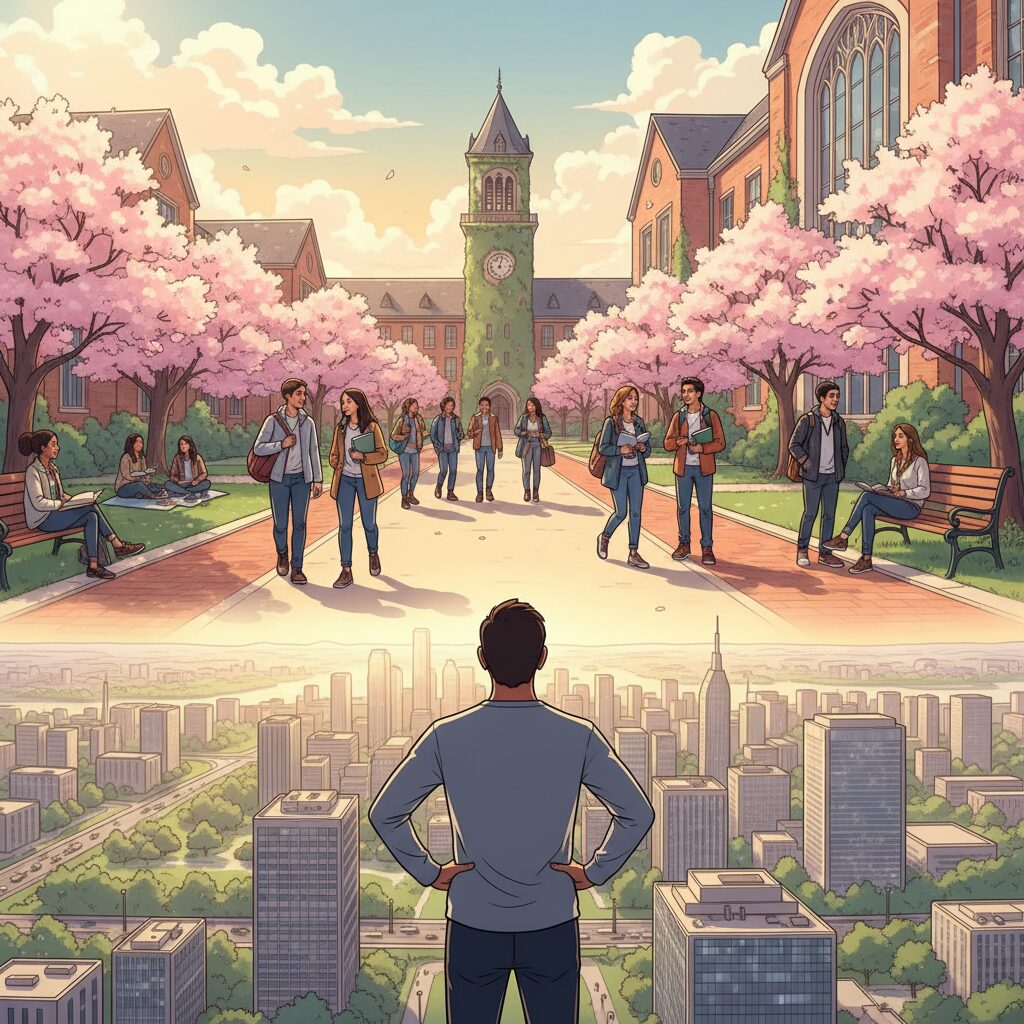 青山学院大学のキャンパス風景と、未来を見据える人物のシルエット。木戸大聖さんの学生時代を象徴するイメージ。