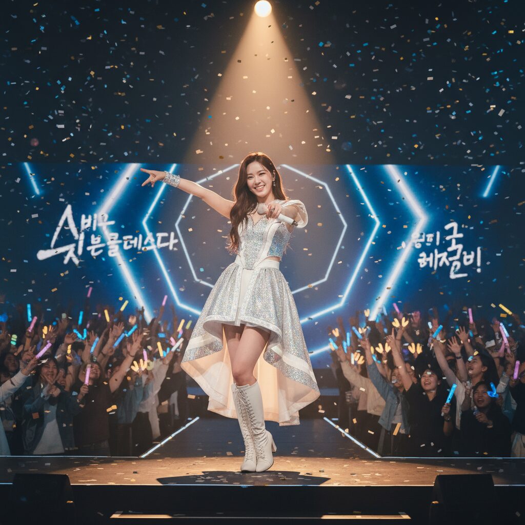 ステージで笑顔でパフォーマンスする女性アイドル