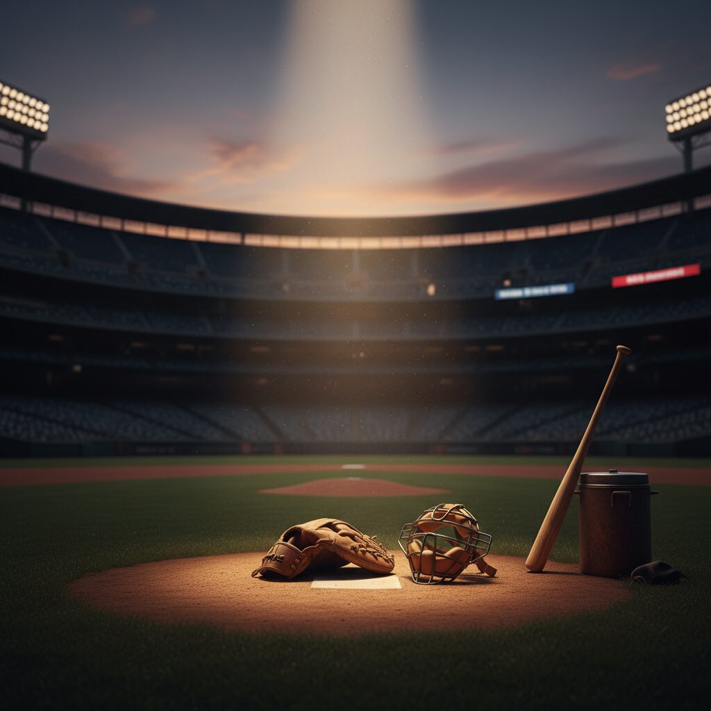 黄昏時の野球場に置かれたキャッチャーミットとマスク。野村克也氏の偉業を追悼するイメージ。