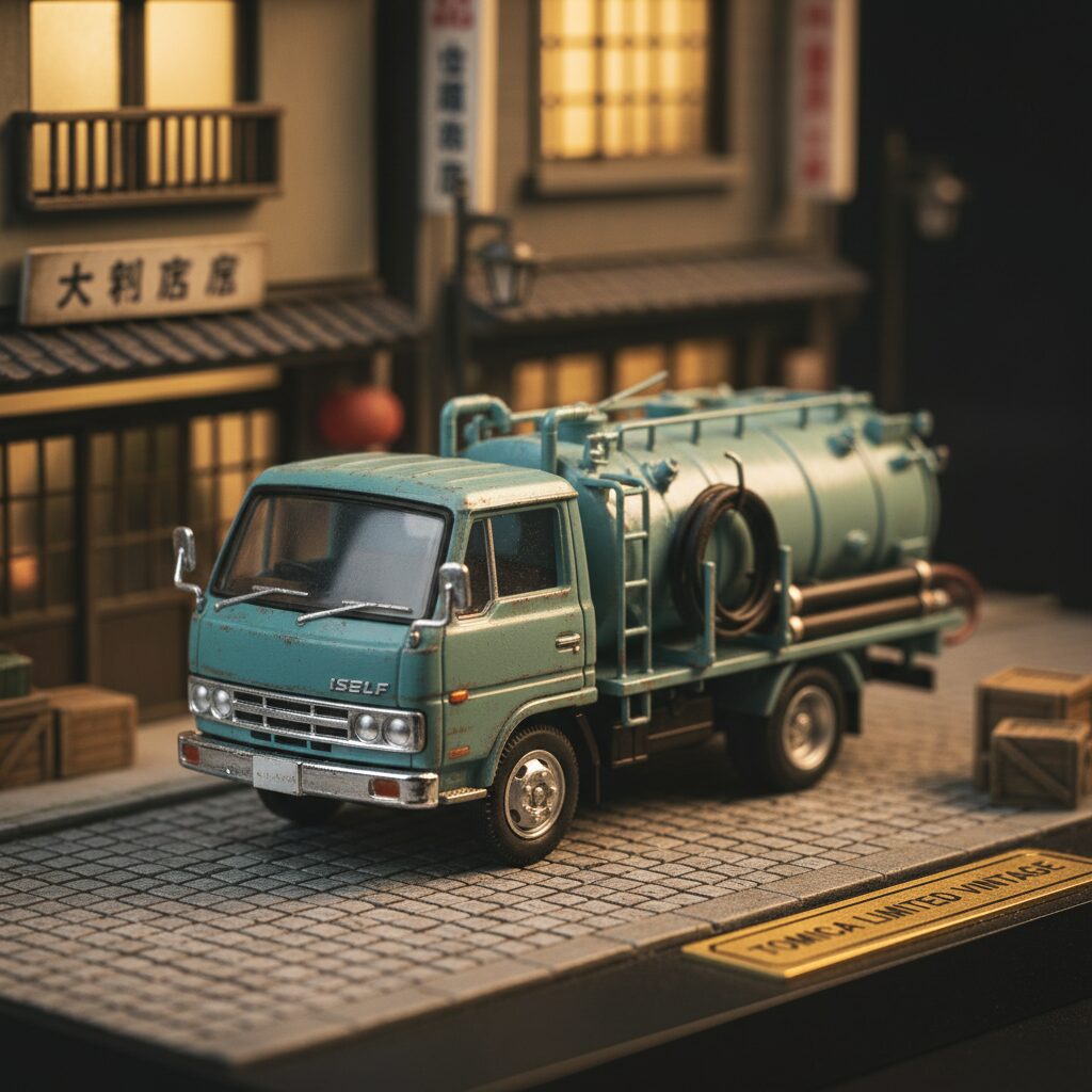 精巧に作られたトミカ リミテッド ヴィンテージのバキュームカーがジオラマ上に置かれている様子