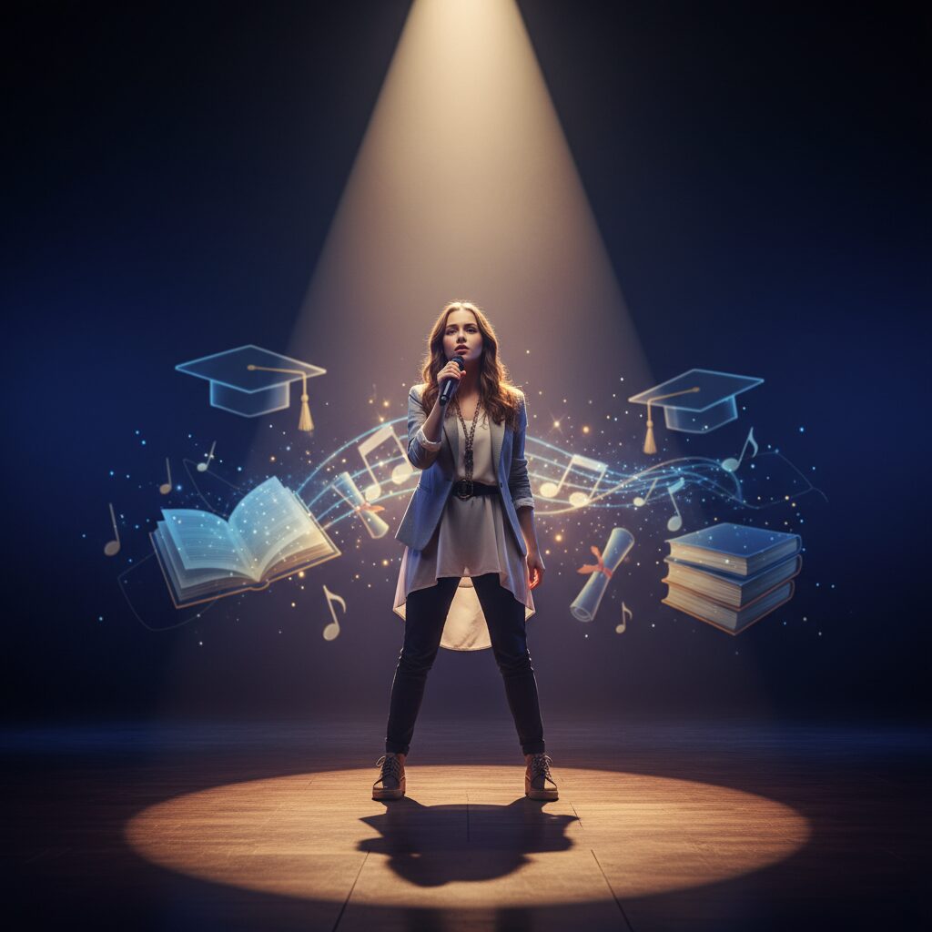 ステージ上で輝くパフォーマーと背景の学問的シンボル