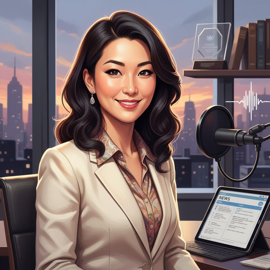 若々しく魅力的な笑顔の女性が、洗練された雰囲気でこちらを見つめている